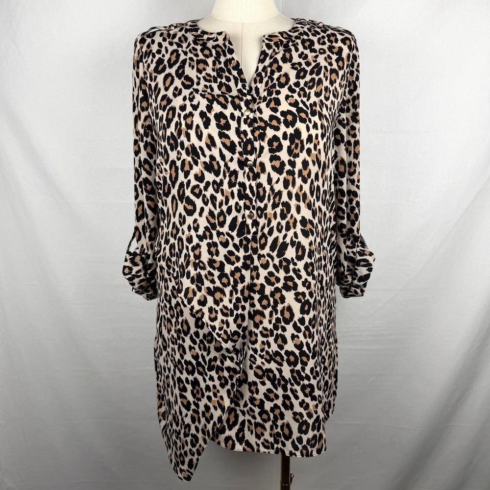 Chico's Leopard Print Asymmetrical Hem Tunic Dress Size L Boho Chic - Picture 2 of 8